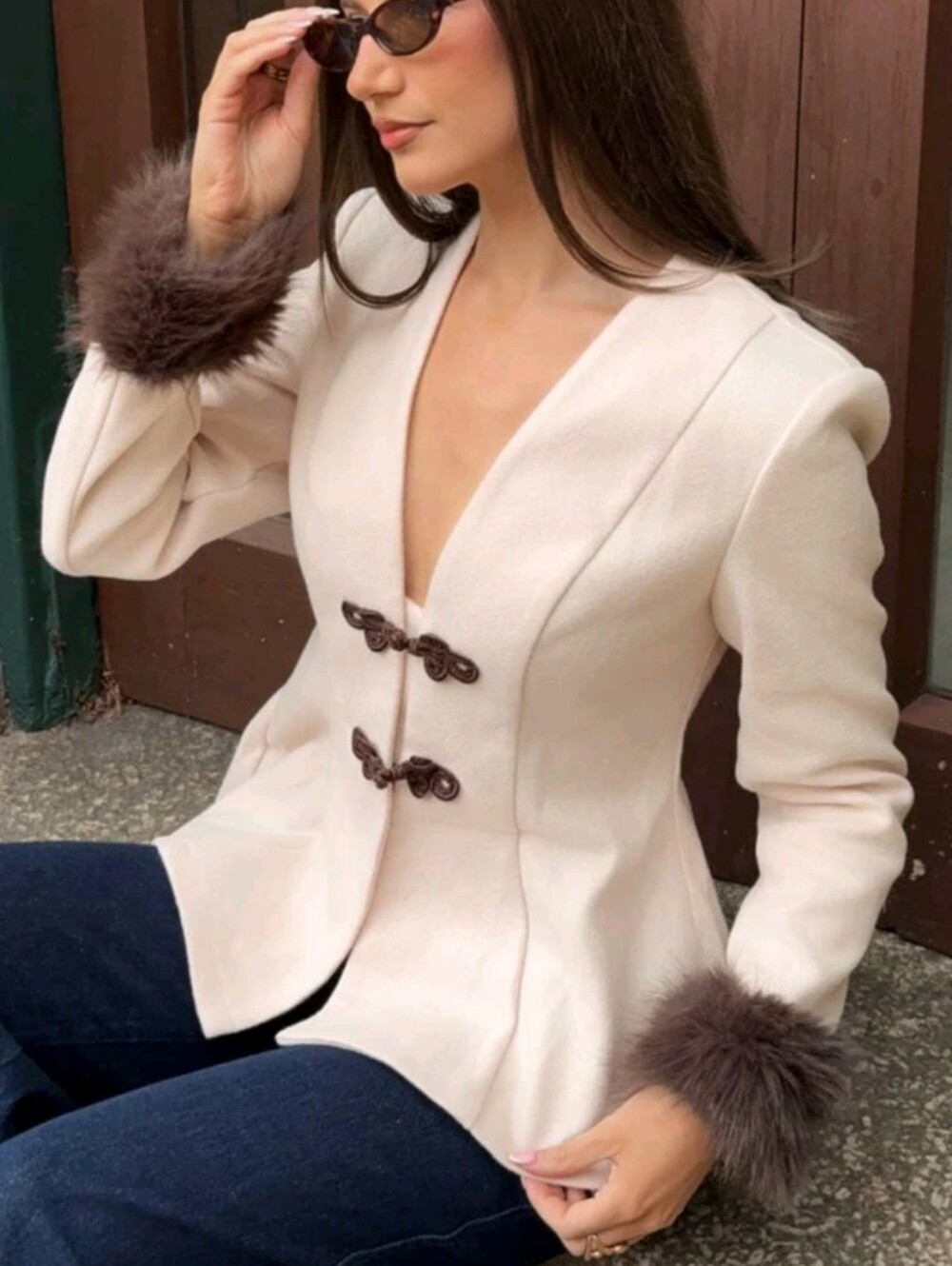 Women's Elegant Jacket With Frog Button Placket And Faux Fur Cuffs - Picture 8 of 8